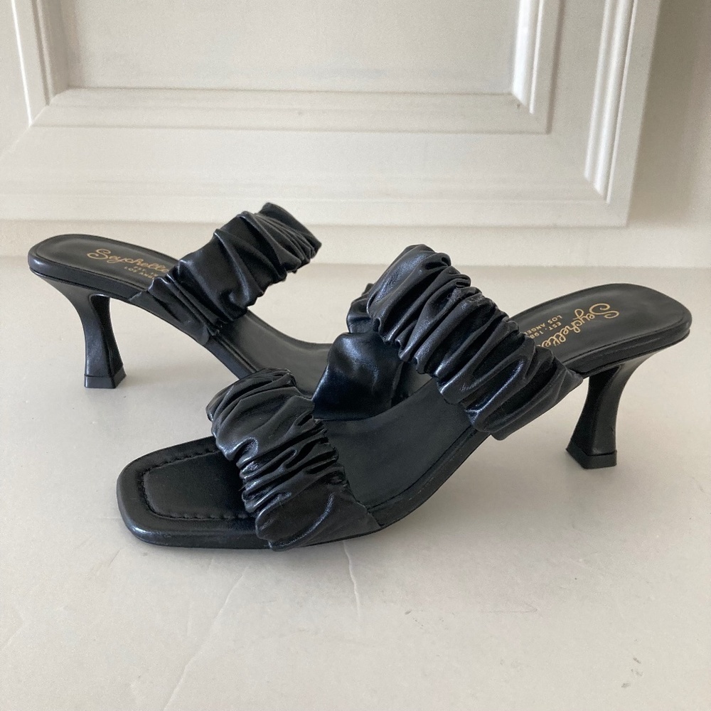 NWOT Seychelles Anthropologie Leeward Black Leather Mule Heels Sz 8.5